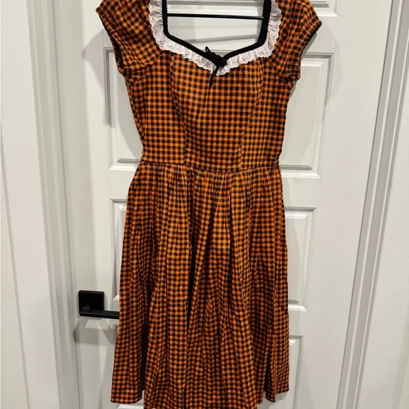 Vixen by Micheline Pitt Orange Checkered Midi Dress with Black Accents - Picture 2 of 5